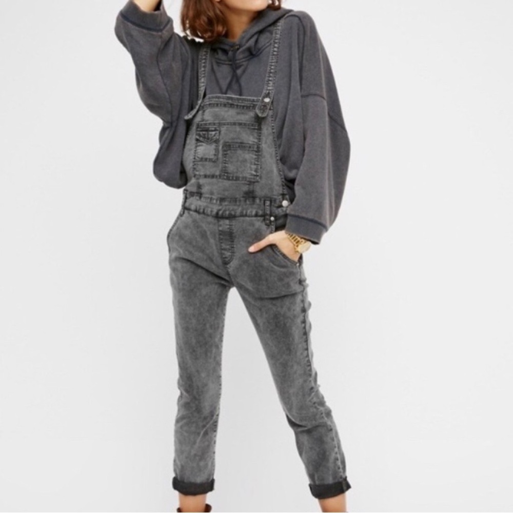 Free People Skinny Washed Overalls Dark Grey Size 27 - Picture 3 of 10